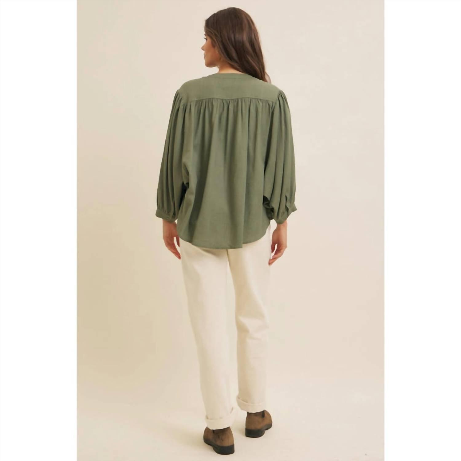 In February Francine Linen Blend Button Down Blouse in green - women's blouse - view 4
