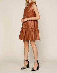 Skies Are Blue - Sleeveless Vegan Leather Tiered V-neck Dress
