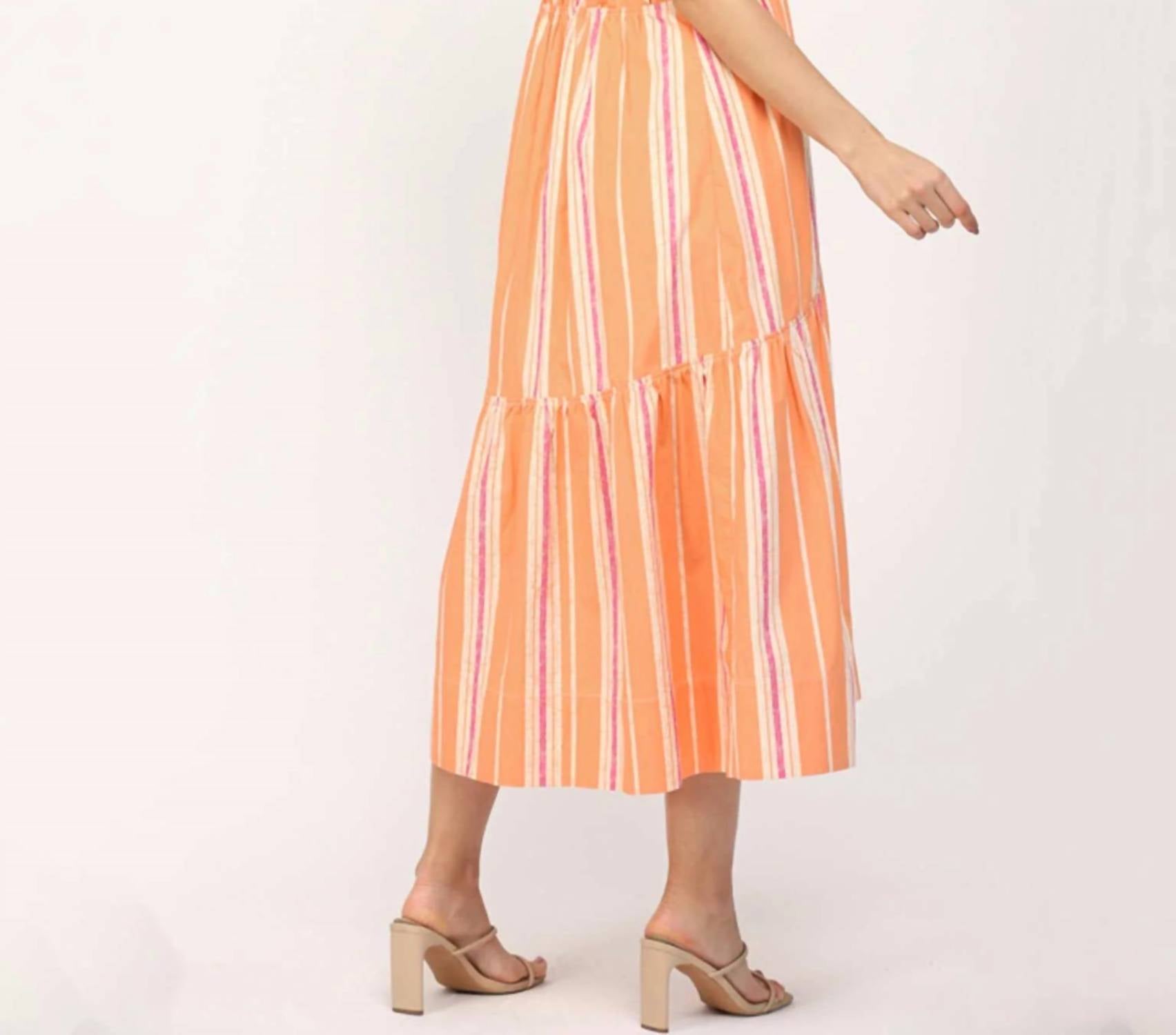 Fate - Stripe V-Neck Midi Dress with Swirl Button