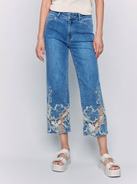 Charlie B - Crop Flare Leg Jeans With Laser Cut Lace Hem