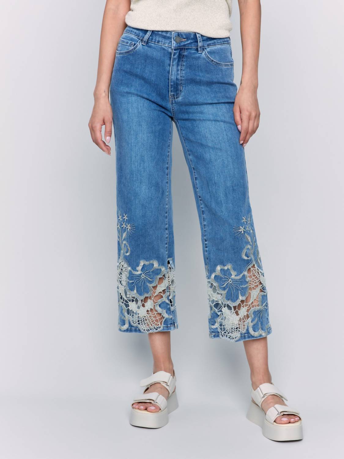 Charlie B - Crop Flare Leg Jeans With Laser Cut Lace Hem