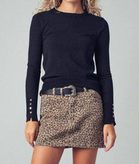 trend:notes Luxe Button-Cuff Fitted Knit Top in black - women's long sleeve top