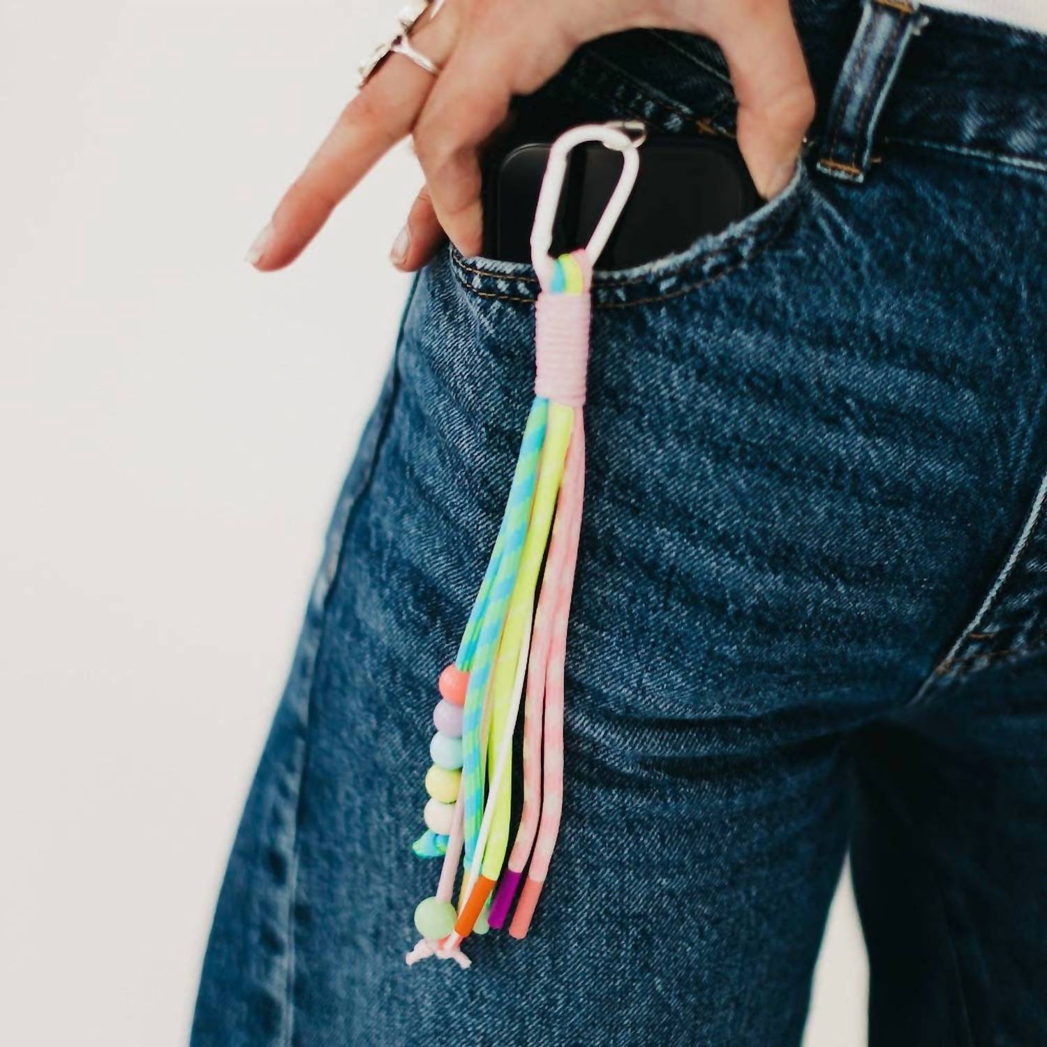 Pretty Simple Rainbow Rope And Beaded Keychain Bag in white - women's accessory - detail view
