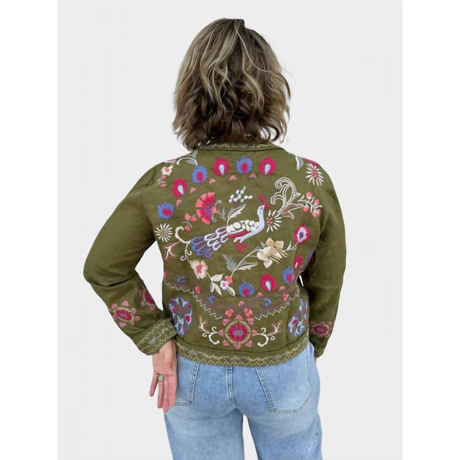 Johnny Was GLORIA LINEN BOLERO JACKET in martini olive - women's jacket - detail view