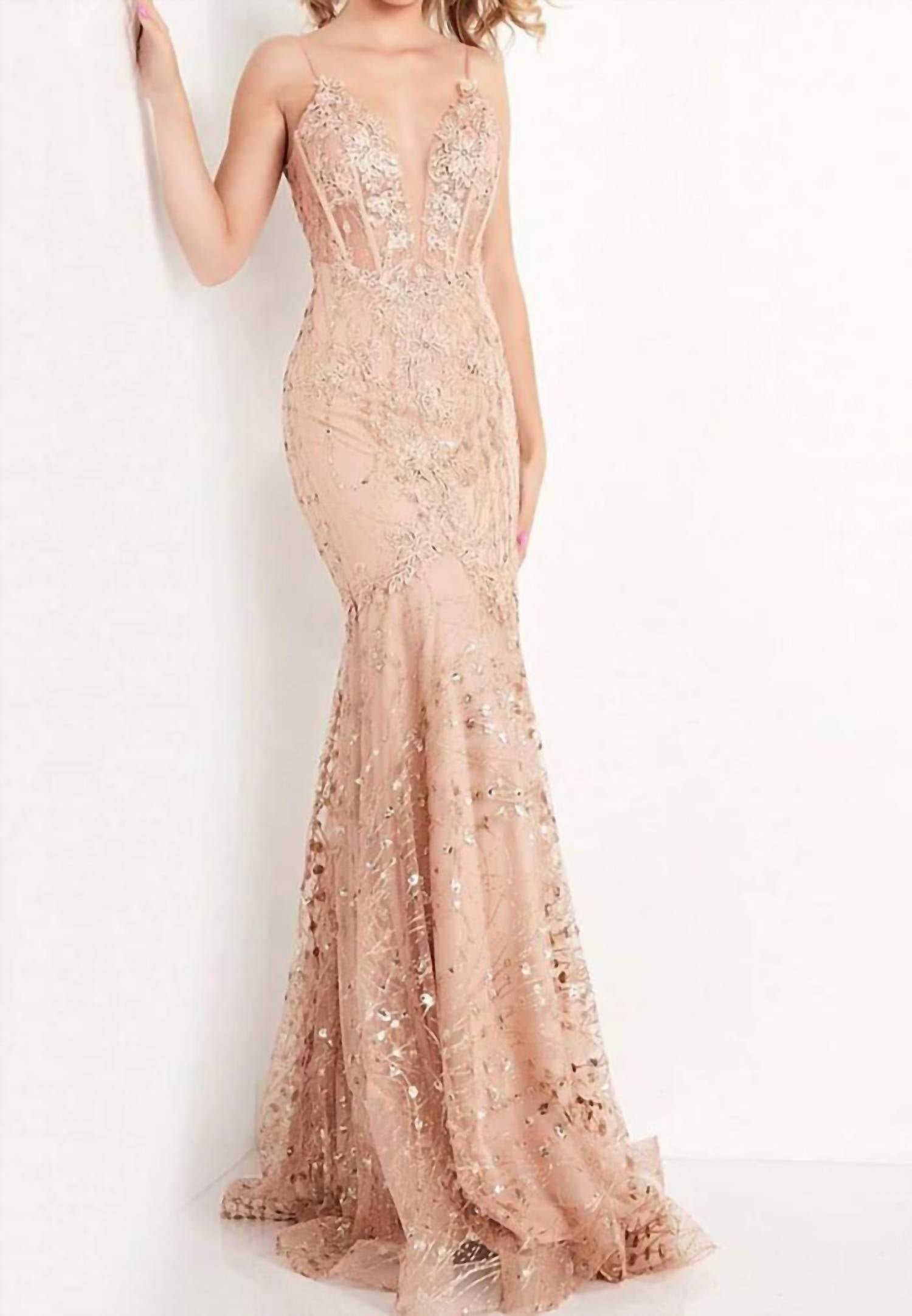 Jvn - V Neck Lace Embellished Prom Dress