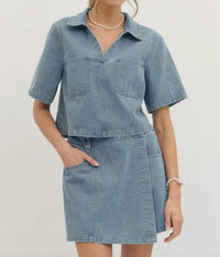 Entro - Solid Short Sleeve Denim Woven Top And Short Set