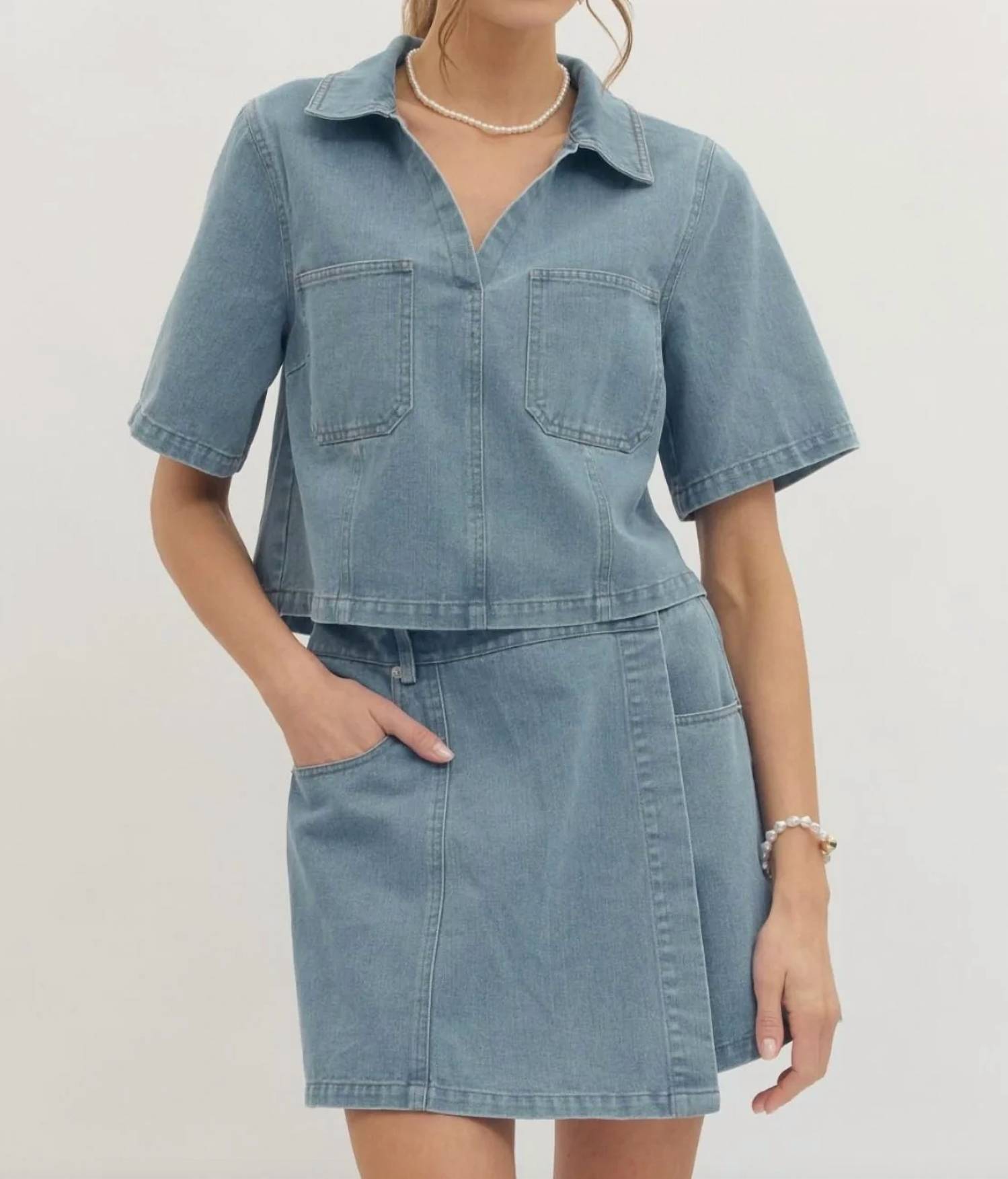 Entro - Solid Short Sleeve Denim Woven Top And Short Set
