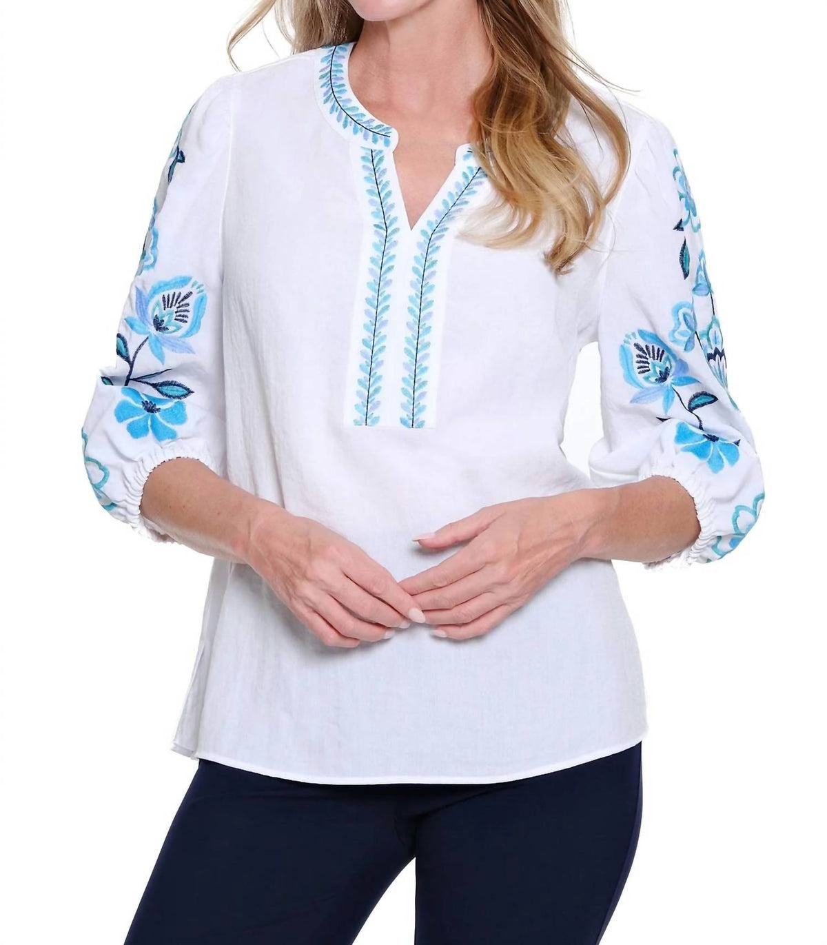 Multiples - Embroidered Notch-neck Woven Top