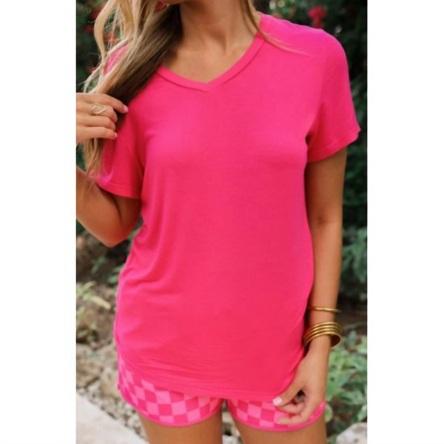 Jess Lea Women's V Neck Essential Top in hot pink - women's t-shirt - detail view