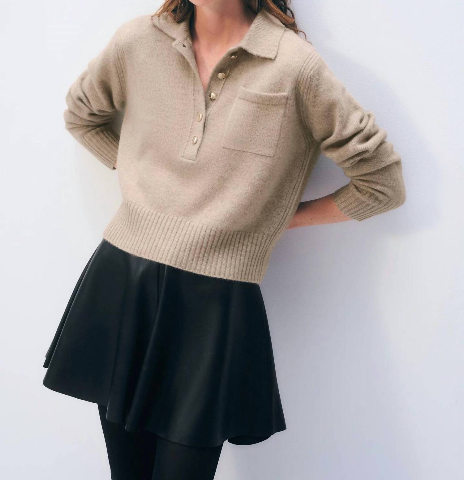 White + Warren Cashmere Gold Button Polo in warm camel - women's shirt
