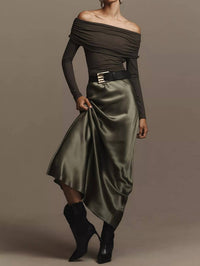 Reformation Florentina Off Shoulder Knit Shirt in olive - women's blouse - view 4