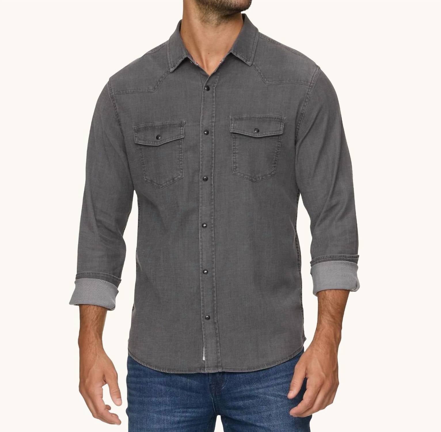 Flags & Anthem Sacramento Long Sleeve Chambray Stretch Shirt in grey - men's shirt