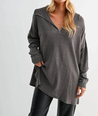 Mono B - Waffle Knit Collared Long Sleeve Sweatshirt