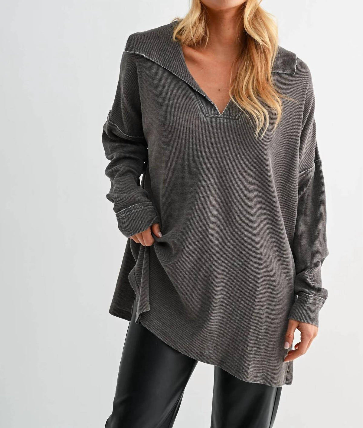 Mono B - Waffle Knit Collared Long Sleeve Sweatshirt