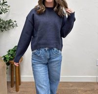 GRADE & GATHER Seam Detail Round Neck Sweater in navy - women's sweater - detail view