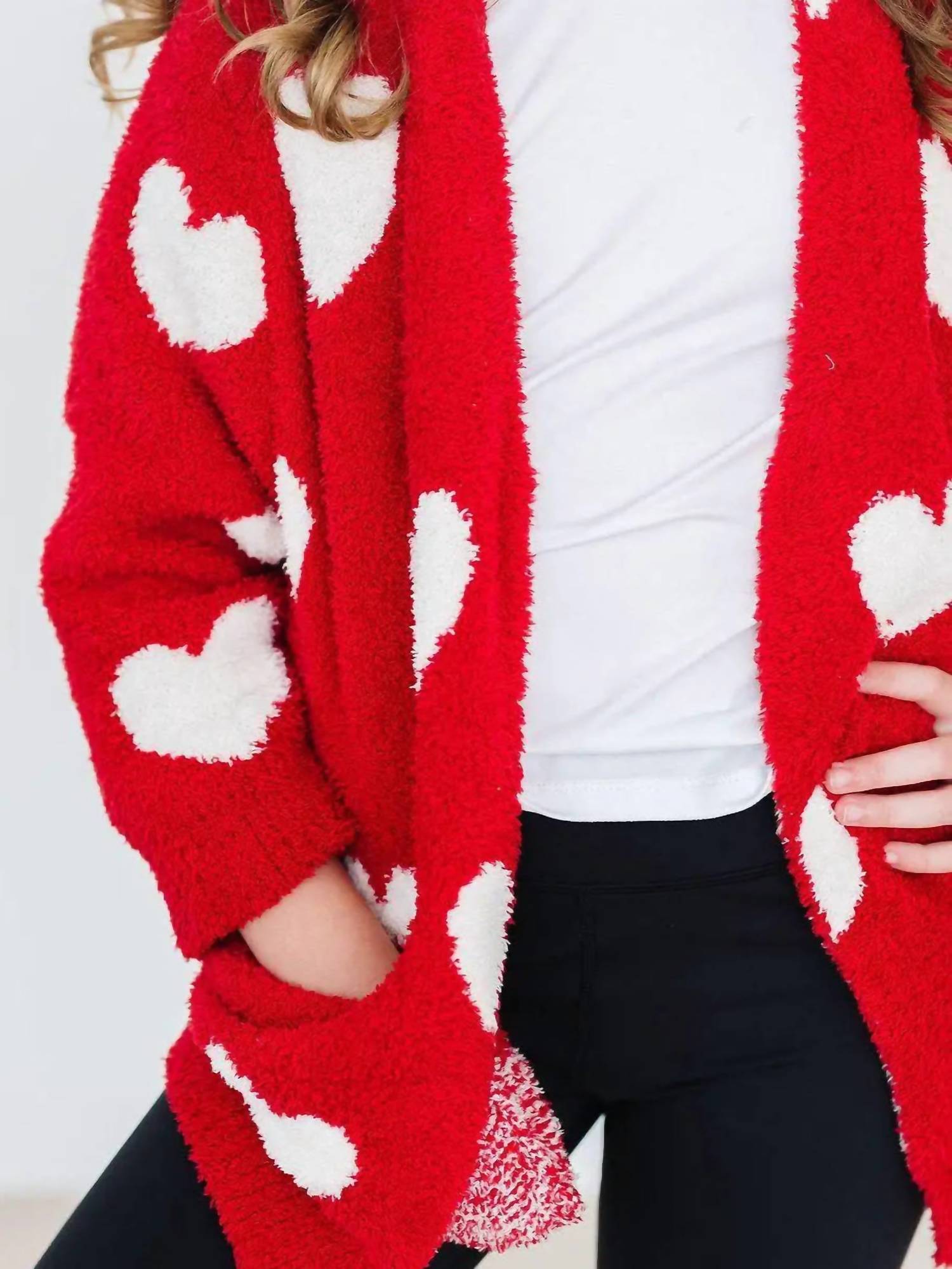 Mila & Rose Girls Heart Cozy Cardigan in red coconut - kids' sweater - detail view