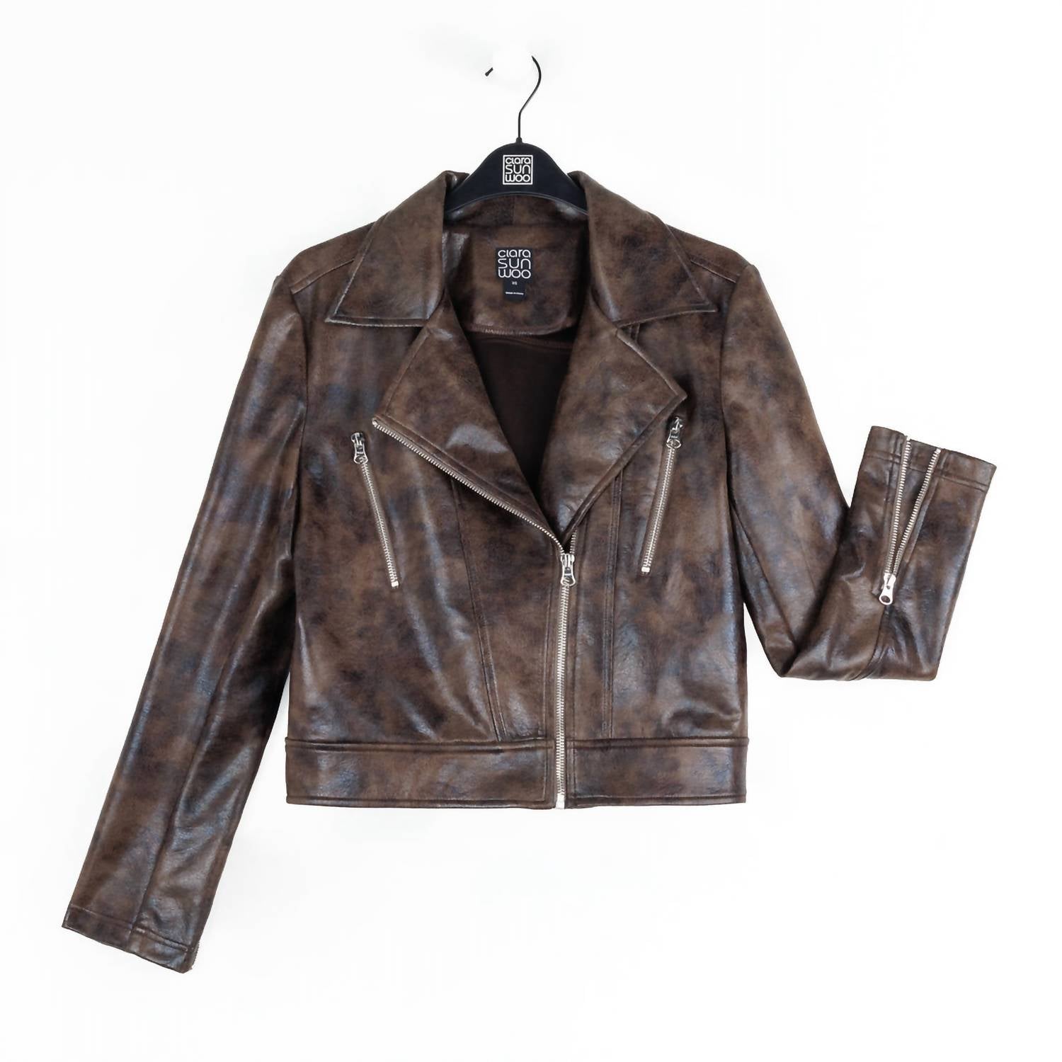 Clara Sunwoo - Vegan Leather Distressed Zip Cuff Moto Waist Jacket