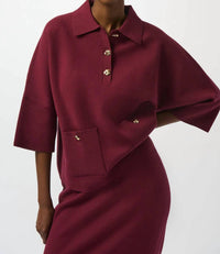 Joseph Ribkoff Collared 3/4 Sleeve Boxy Sweater Top in merlot - women's sweater