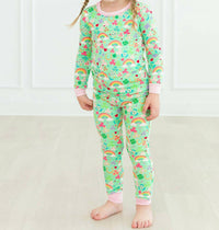 RuffleButts Toddler Lucky Day Ruffle Long Sleeve Pajama Set in green - kids' sleepwear