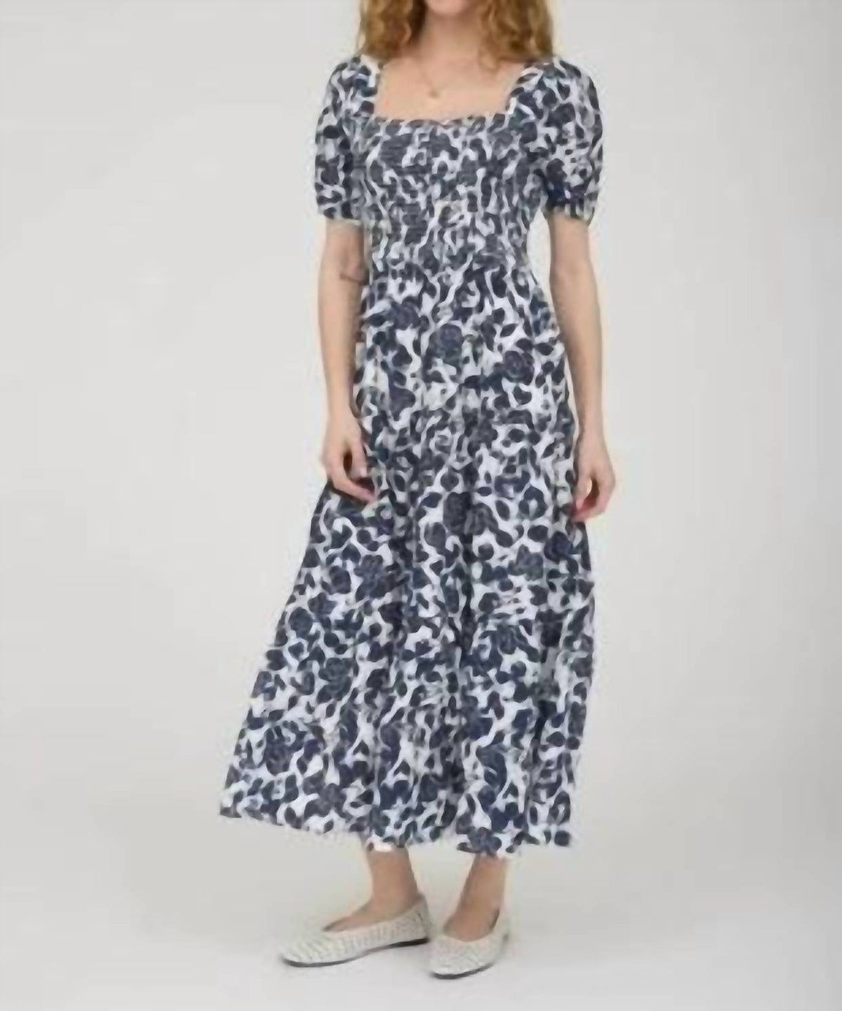 August Sky - Floral Puff Sleeve Smocked Tiered Midi Dress