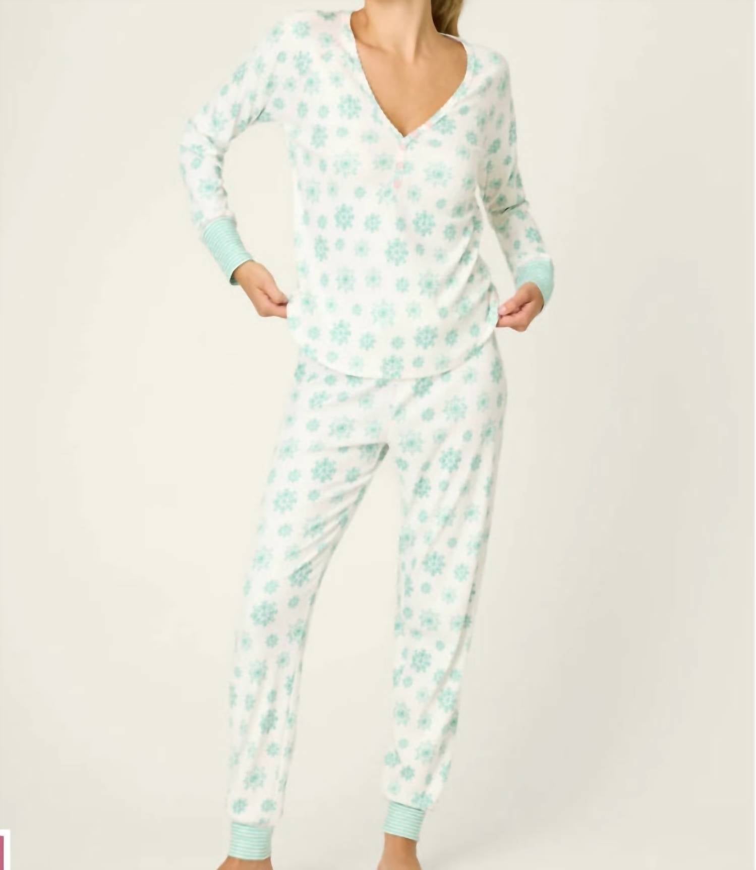 PJ Salvage Snowflake Wishes Pointelle Pants Set in white green pink - women's sleepwear