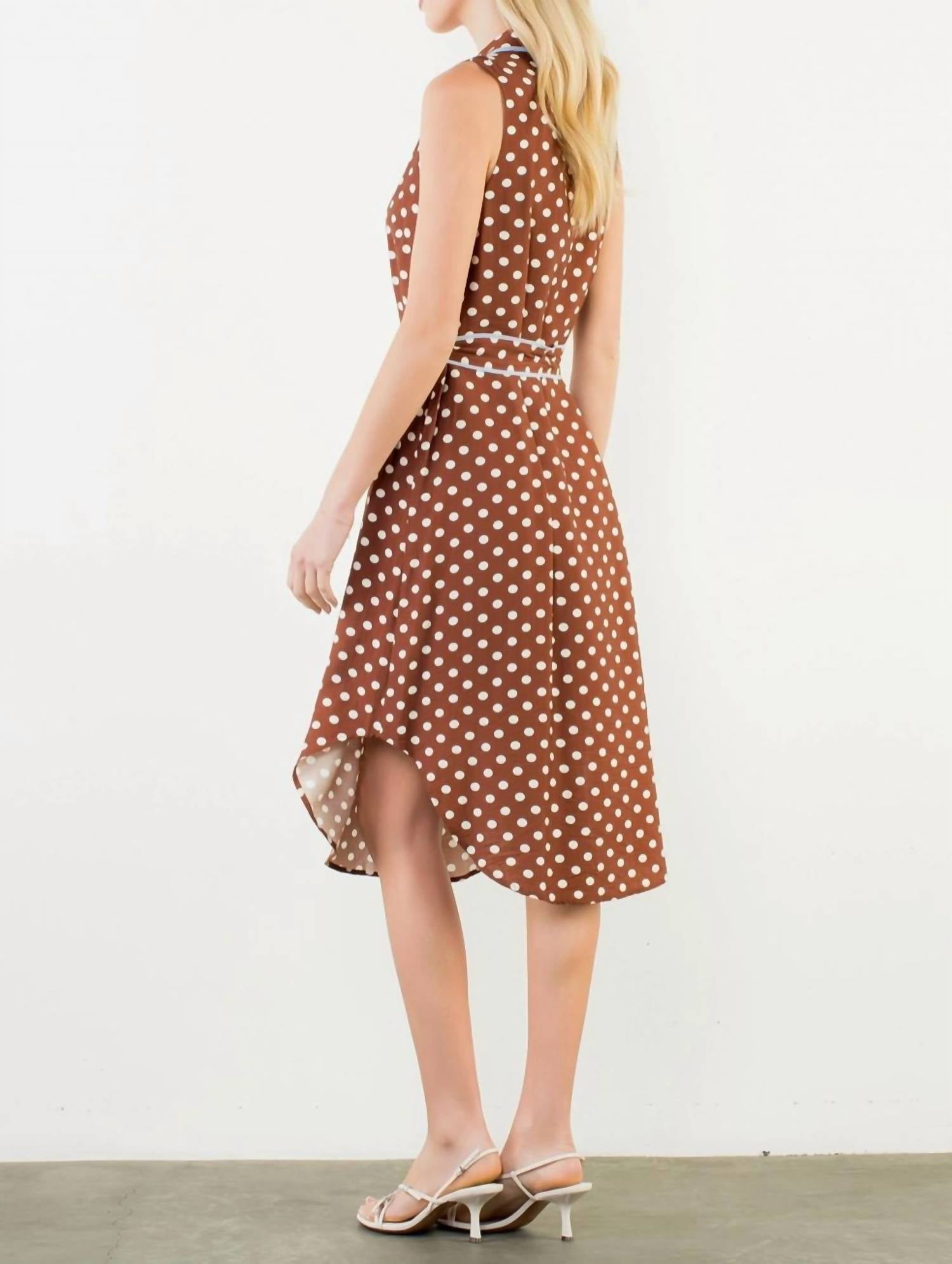 THML Sleeveless Polka Dot Button Down Dress in brown - women's dress - detail view