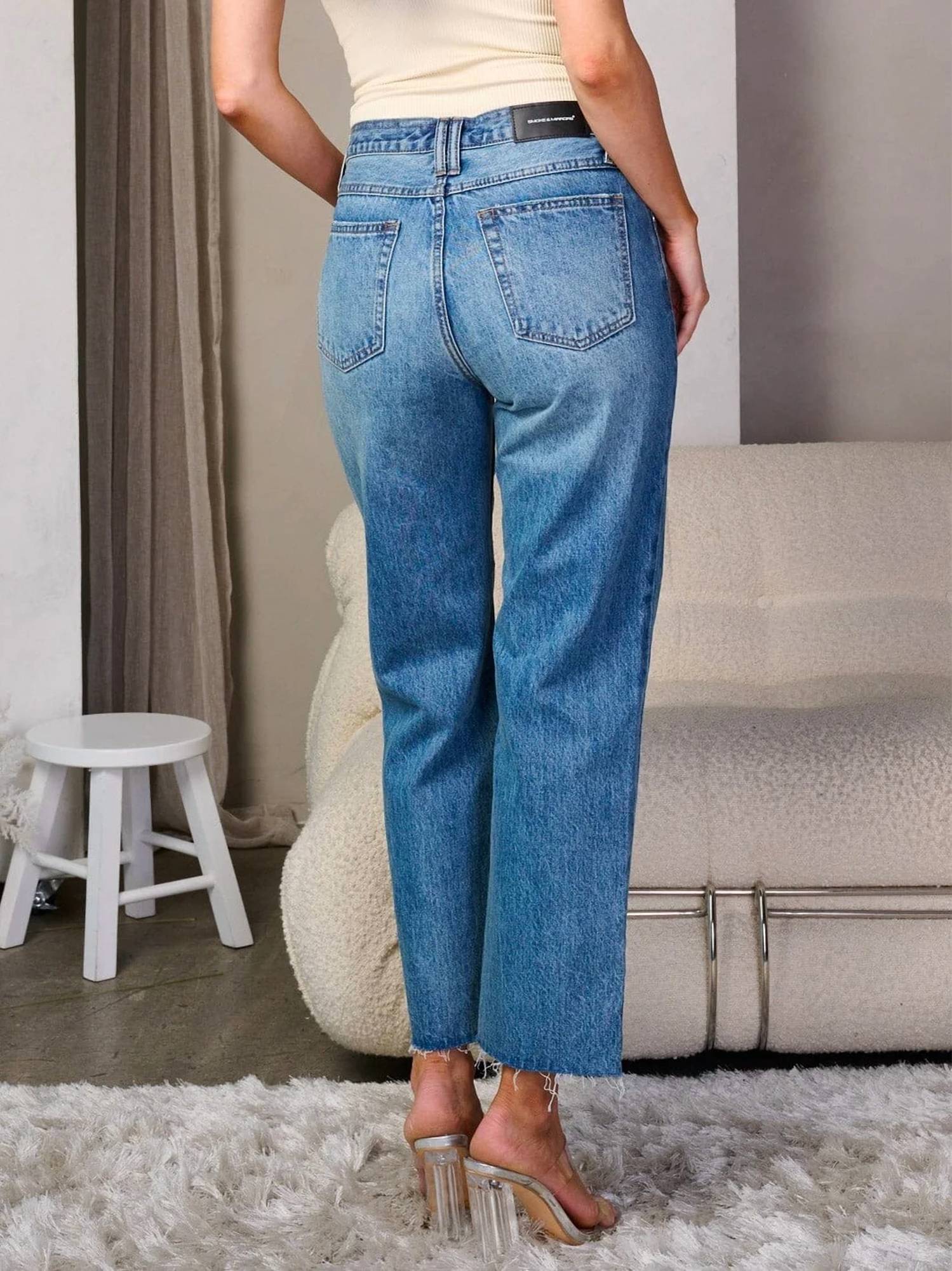 Smoke & Mirrors - Button Closure Distress Wide Leg Denim Jeans