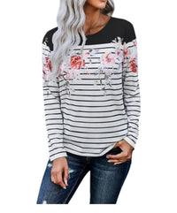 Sweet Lover Fashion - Striped Floral Print Long Sleeve Top