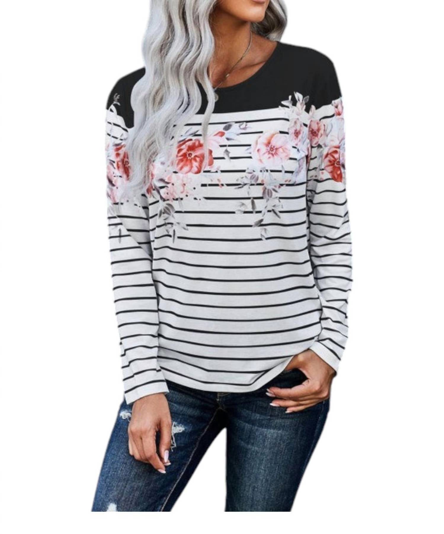 Sweet Lover Fashion - Striped Floral Print Long Sleeve Top