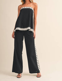 Klesis Lace Edge Tube Top And Pants Set in black cream - women's sleepwear - detail view
