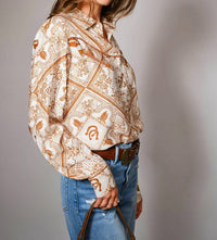Blue B Western Printed Long Sleeve Button Up Shirt in off white rust - women's shirt - alternate view