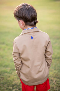 Blue Quail Clothing Co. Quarter Zip Performance Pullover Top in khaki - kids' long sleeve top - detail view