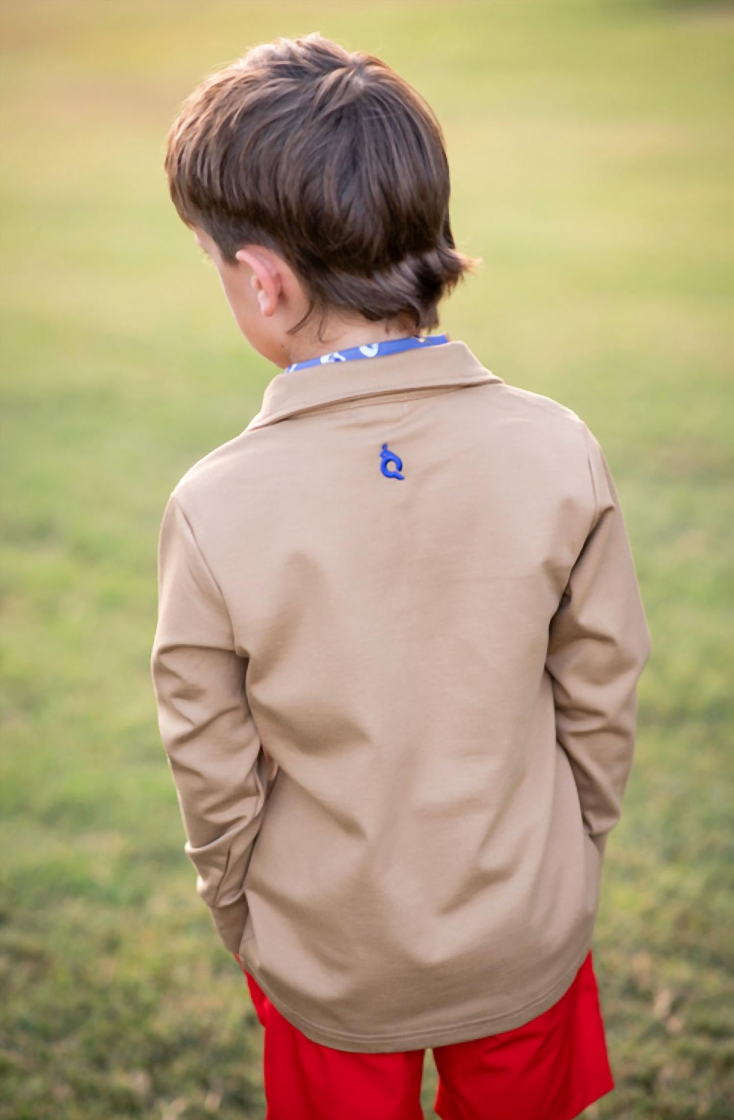 Blue Quail Clothing Co. Quarter Zip Performance Pullover Top in khaki - kids' long sleeve top - detail view