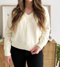 PINCH V-neck Flower Embrordery Sweater in ivory - women's sweater