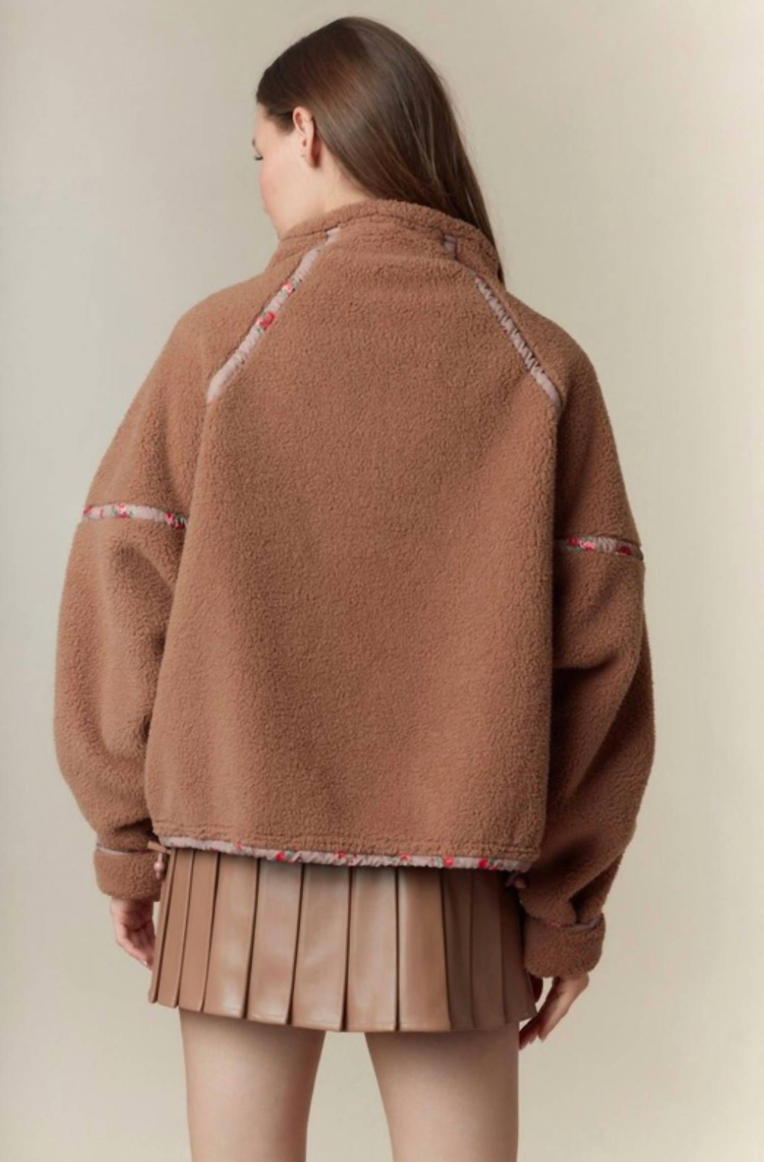 Peach Love Ditsy Floral Half Zip Sherpa Jacket in camel - women's jacket - view 5