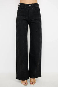 Kiwi - Rhinestone High Waisted Stretch Wide Leg Denim Pants