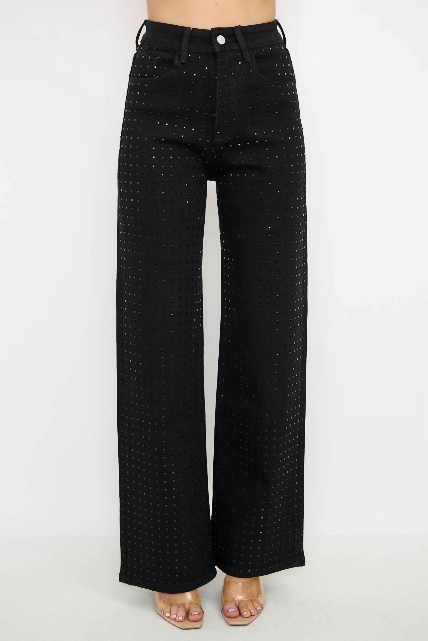 Kiwi - Rhinestone High Waisted Stretch Wide Leg Denim Pants
