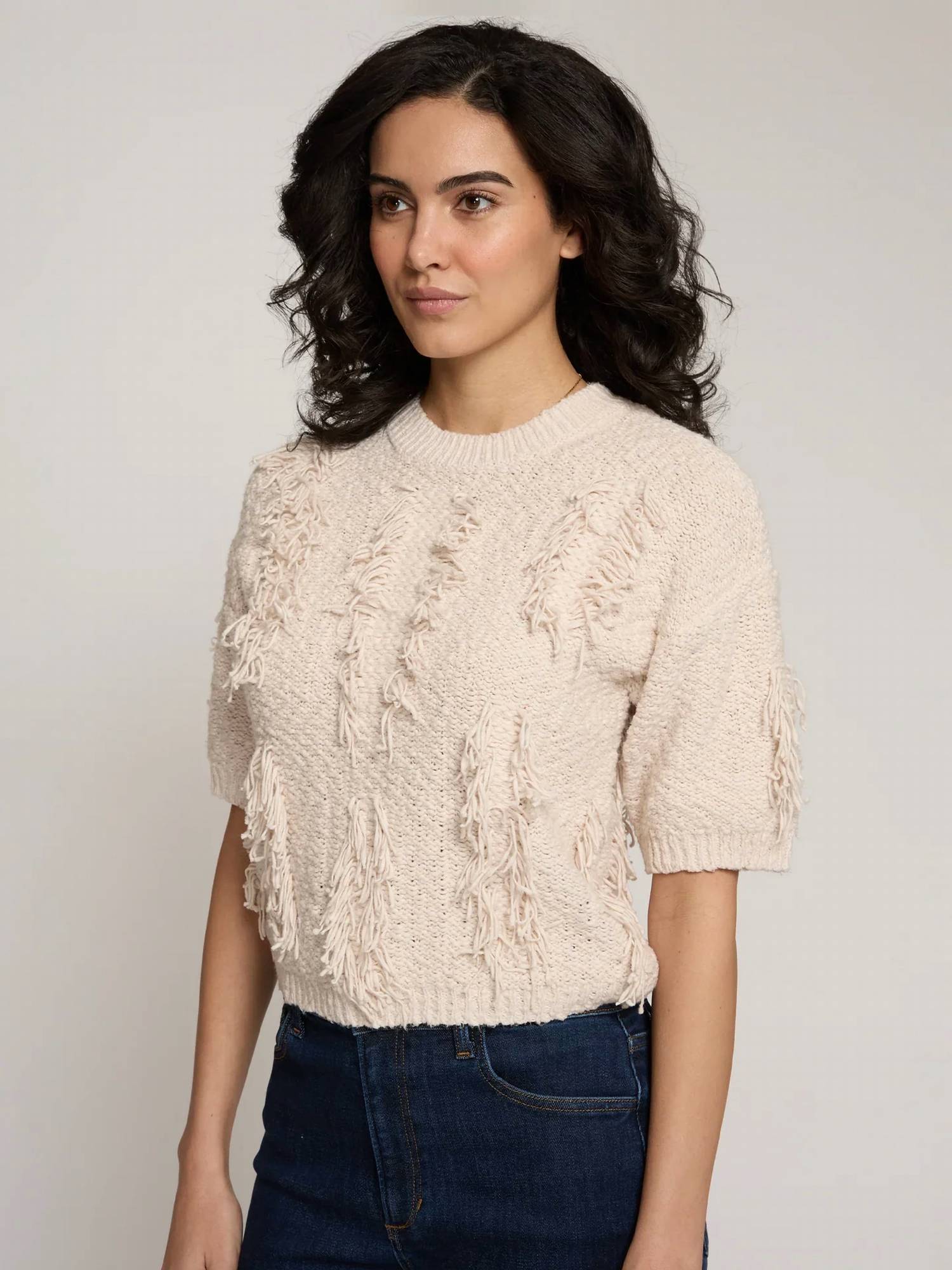 Autumn Cashmere - Short Sleeve Fringe Crewneck Sweater