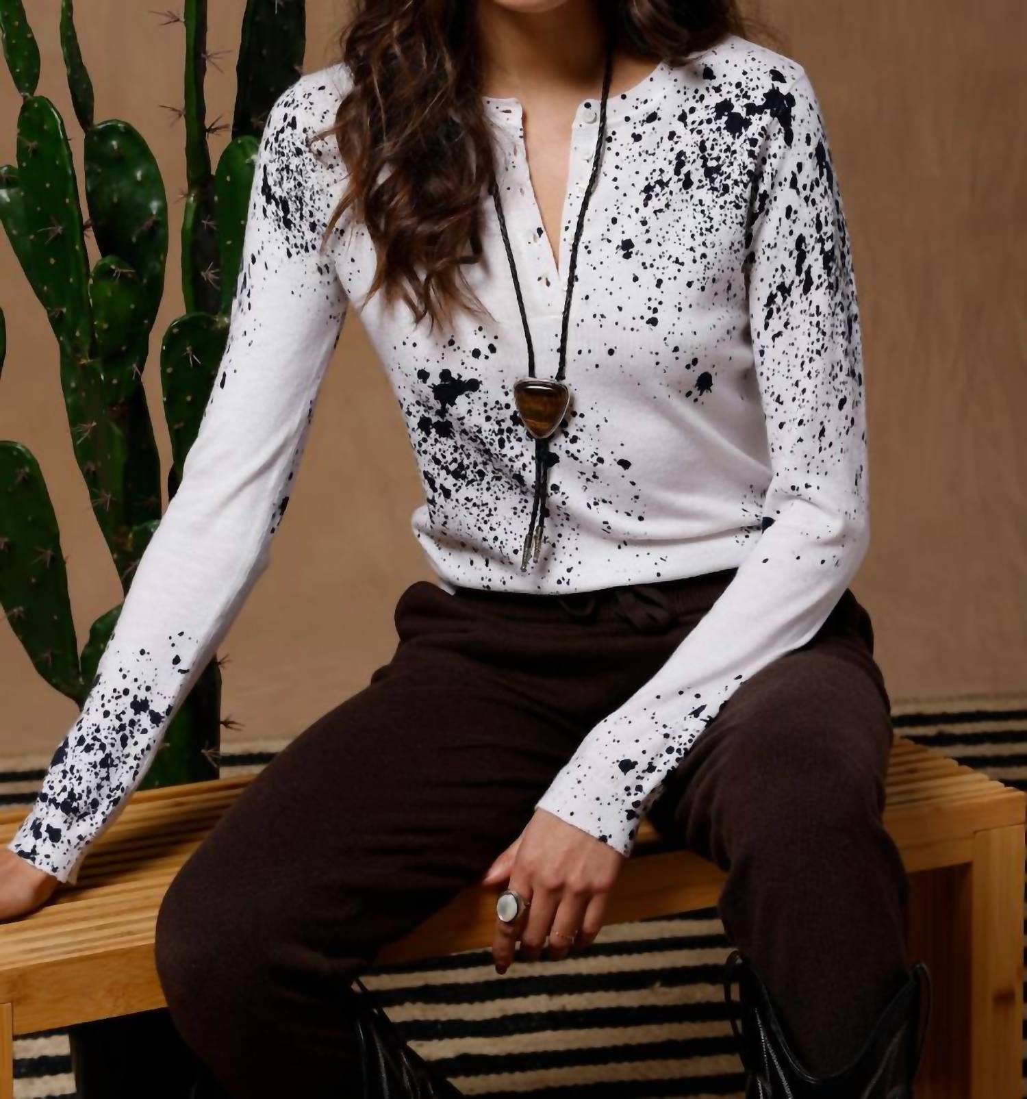 Minnie Rose - Supima Cotton Cashmere Paint Splatter Henley Sweater