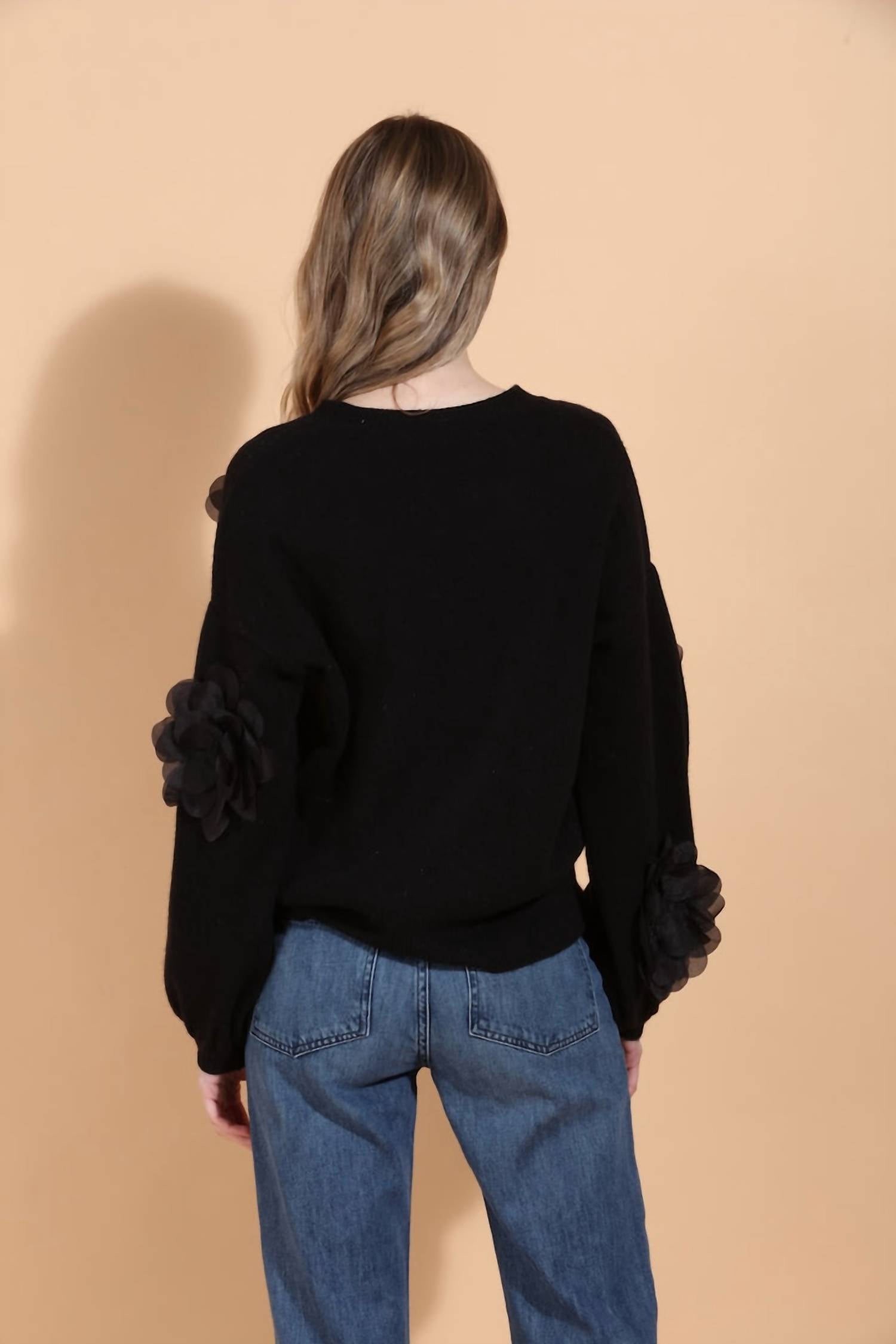 JESSIE LIU Round Neck 3d Applique Sweater in black - women's sweater - view 4