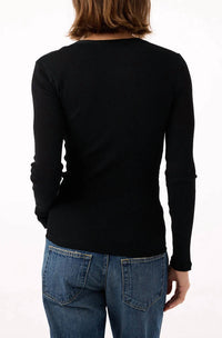 AMO Swoon Long Sleeve Ribbed Top in black - women's long sleeve top - detail view