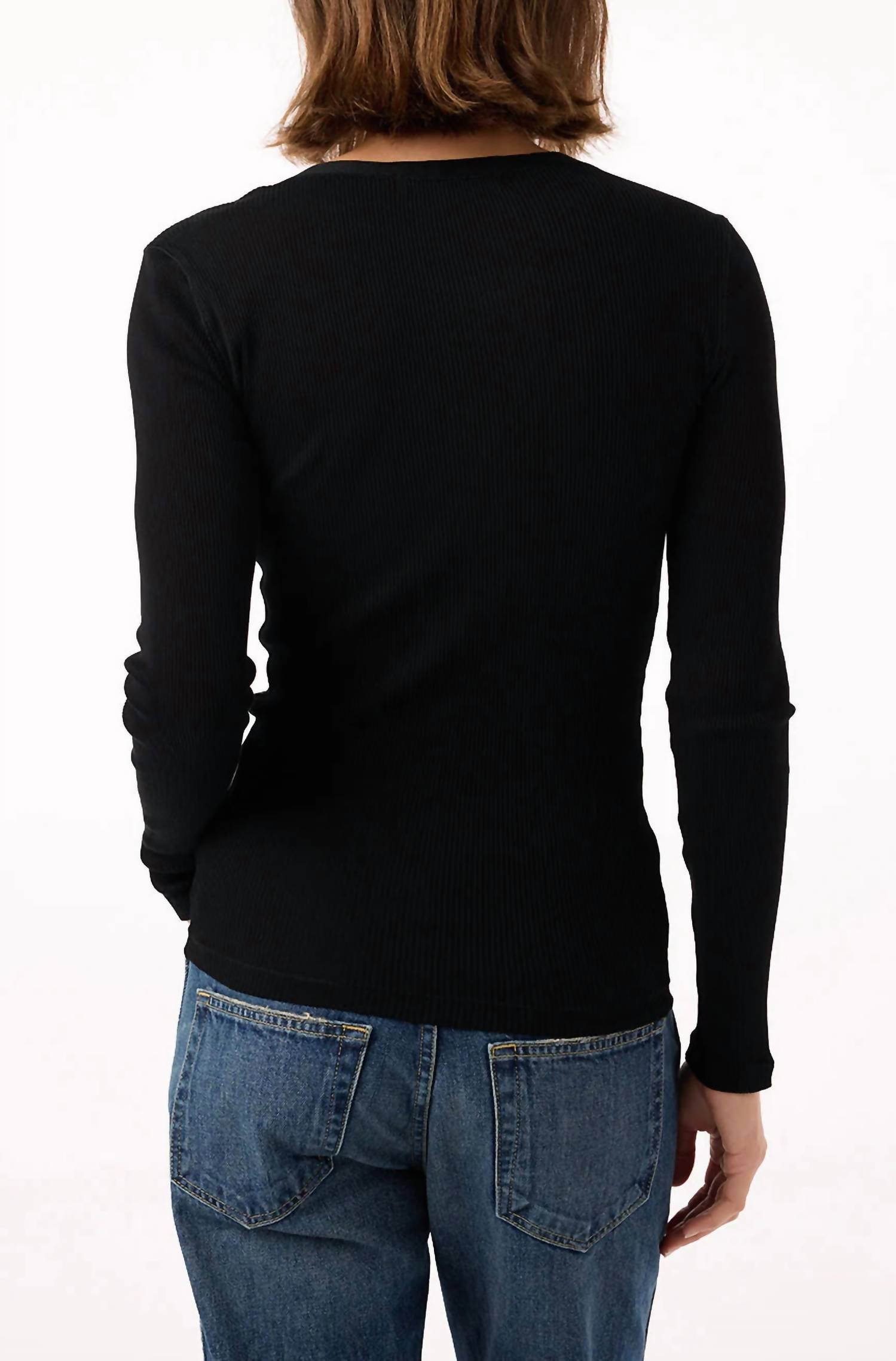 AMO Swoon Long Sleeve Ribbed Top in black - women's long sleeve top - detail view