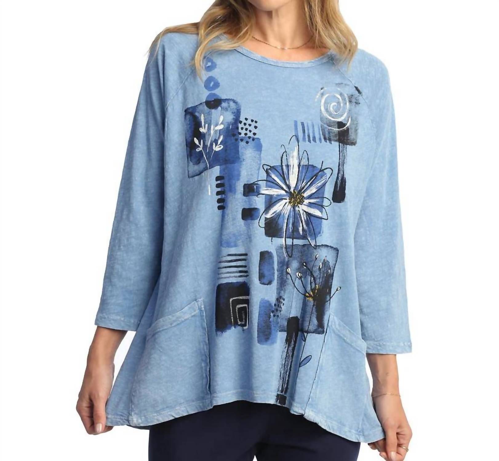 Jess & Jane Lily Mineral Washed Patch Pocket Cotton Top in blue - women's blouse
