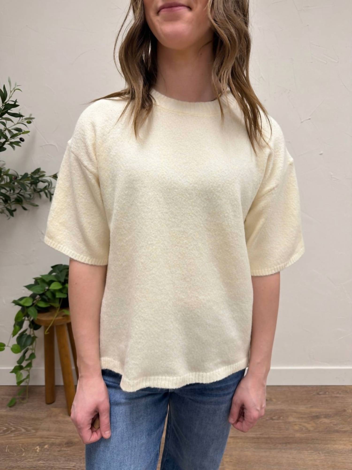 AEMI + CO Short Sleeve Knit Sweater in cream - women's t-shirt - detail view