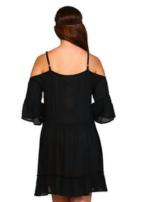 Velzera - Embroidered Tassel Cold Shoulder Mini Dress