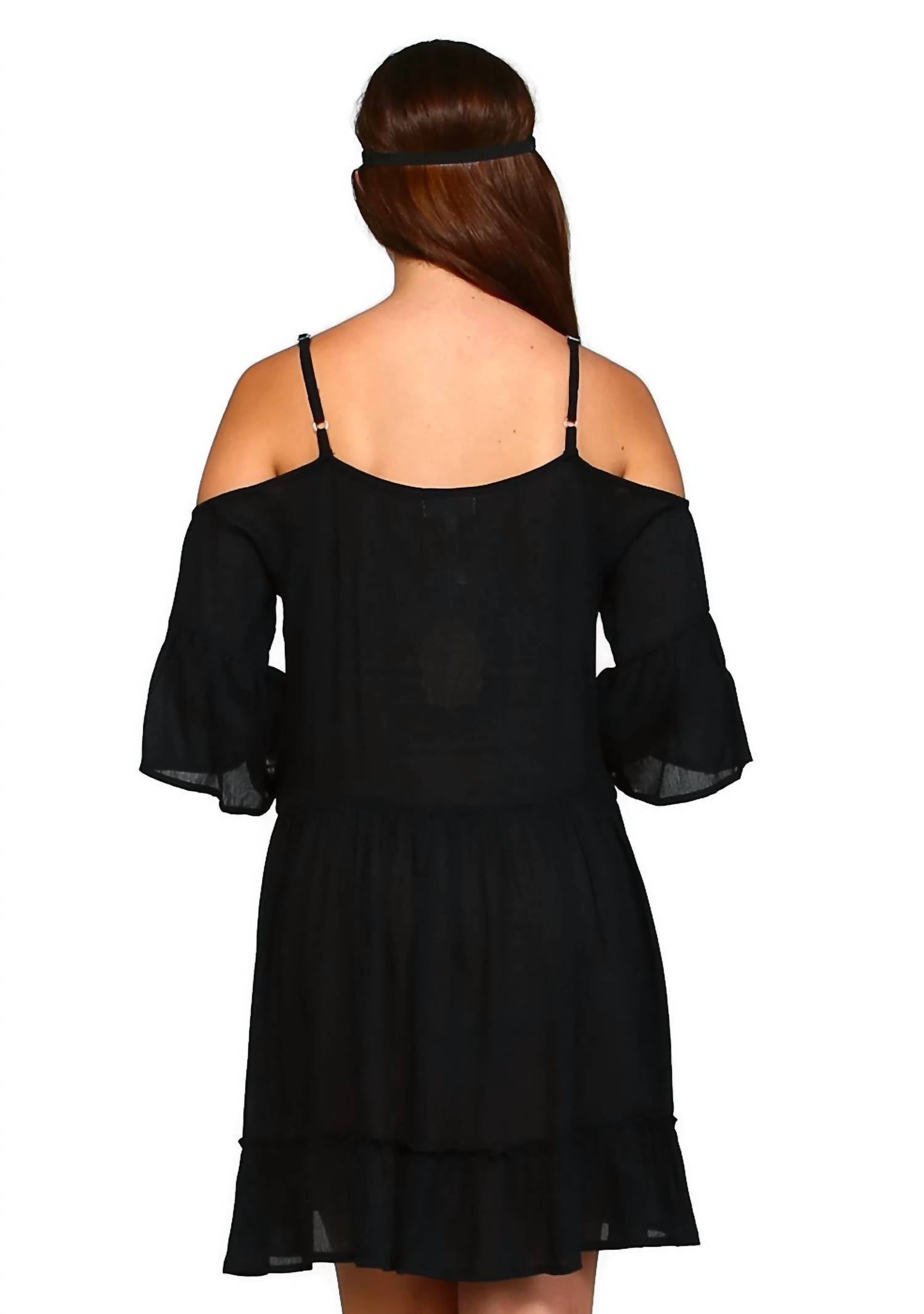 Velzera - Embroidered Tassel Cold Shoulder Mini Dress