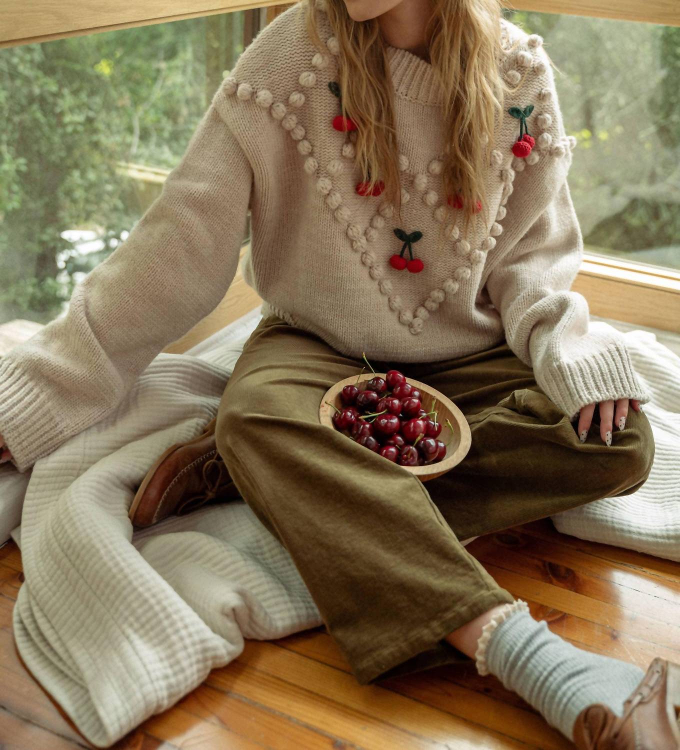 Miou Muse - Cherry Popcorn Trim Sweater