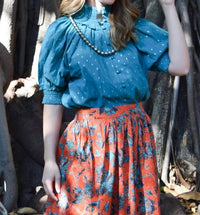 Never a Wallflower Gathered Button Down Top in alexandrite metallic dot - women's blouse
