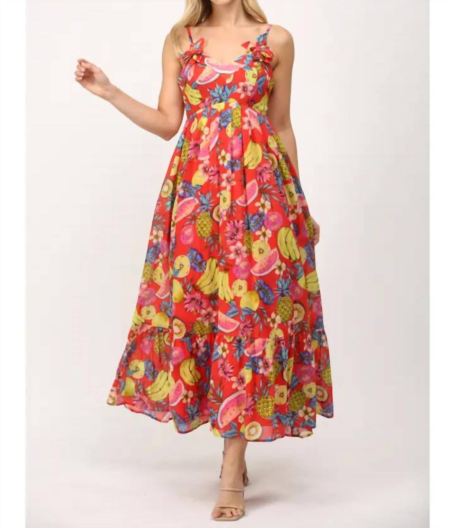 Fate - fruit motif print cotton voile floral trimmed maxi dress