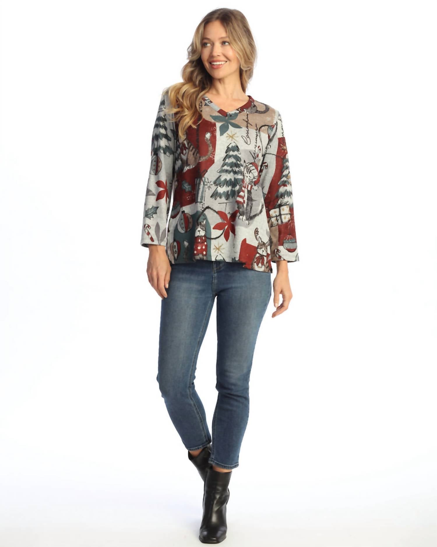 Jess & Jane - Starlight Novelty Brush V Neck Top